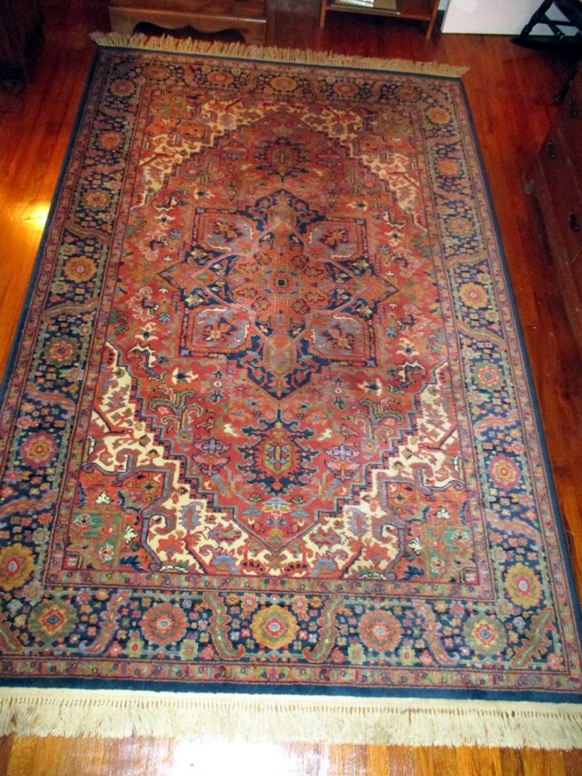 Coral, Blue & Neutrals Area Rug: 9' 1" x 5' 10".