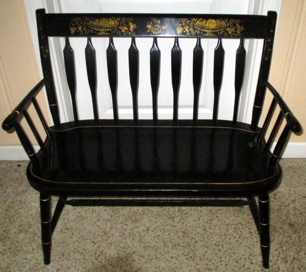 Black Bench w/Gold Trim: Nichols & Stone Co., Home of Windsor Chairs, 34" wide x 31.75" center back height.