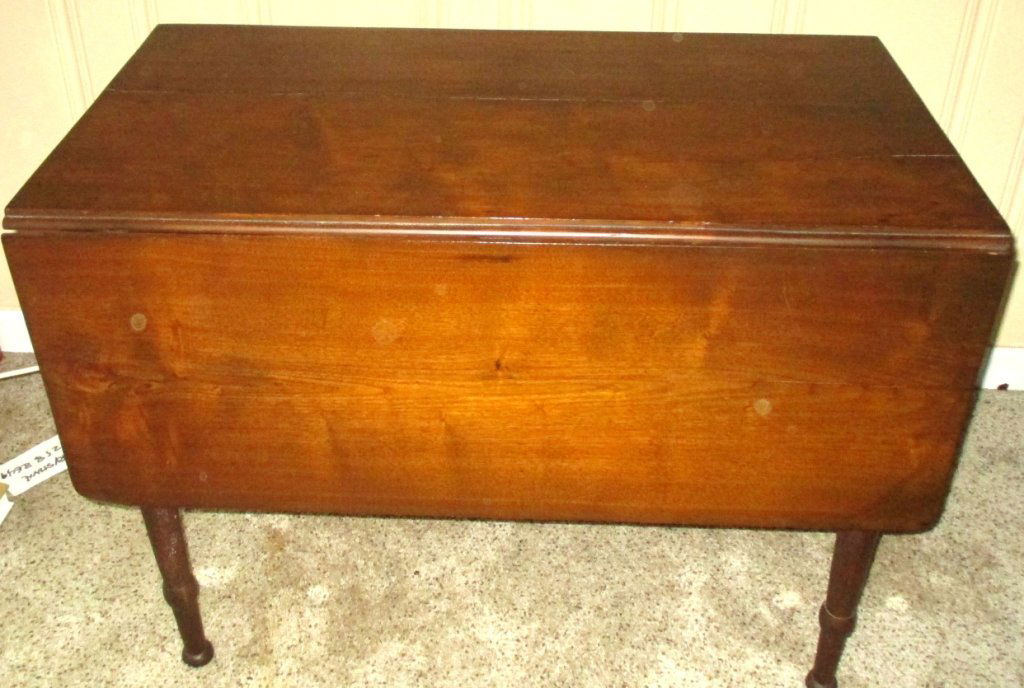 Antique Drop Leaf Table: 50" open x 38" x 29" tall. Top age crack.