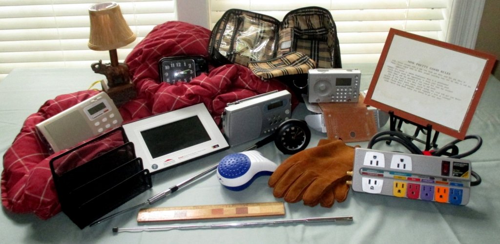 Men's Lot w/Some Electronics: New dopp kit, Sony radio ICF-M410V, Grundig World Receiver in box, Kodak Quick Touch Border, clocks, RadioShack radio alarm clock 12-898, lamp, throw, telescoping pointer plus 9 Pretty Good Rules & mo