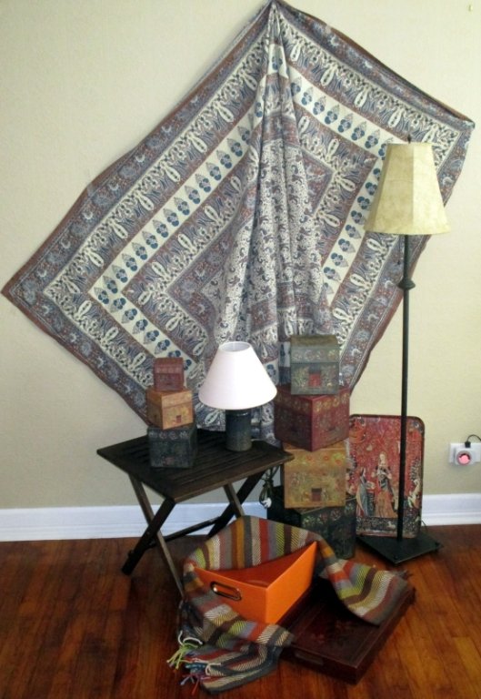 Lamps, Stack Boxes, Paisley Material & More: Floor Lamp, table lamp, 7 stack boxes, throw, paisley fabric, trays and more.