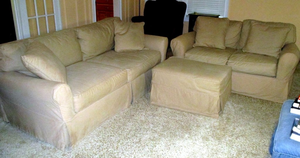 Slipcovered Sleeper Sofa, Loveseat & Ottoman: Sofa 86" x 42" x 31.5" tall, loveseat 63" wide and ottoman 32" x 22" x 17" tall.