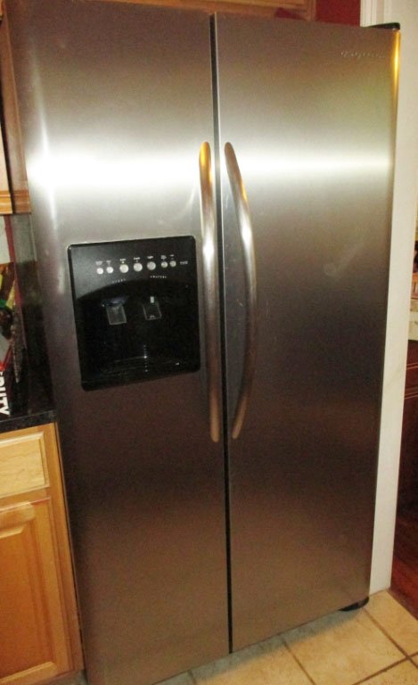 Frigidaire Side By Side Refrigerator: Precision Temp, Stainless & Black, ice & water thru door, Model FLSC2380 51.