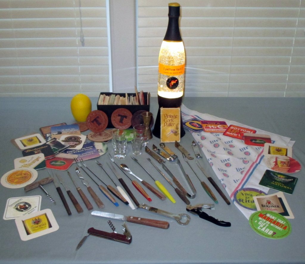 Bar Lot w/Yellow Tail Lava Like Lamp: Large collection of coasters, bottle openers, bar tools, shot glasses.