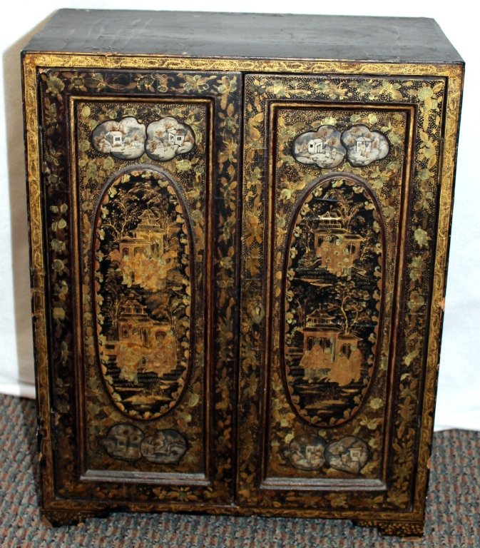 Antique Oriental Table Top Cabinet: 2 doors opening to 5 drawers, 15" wide x 8.25" deep x 19.75" tall. Expected wear, some finish loss.