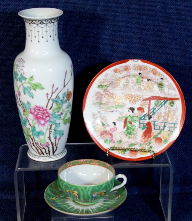 Oriental China Lot: Including: Chinese egg shell butterfly cup & saucer, 11" tall Chinese vase w/chop marks & Japanese 7.5" plate. Vase w/some paint loss.