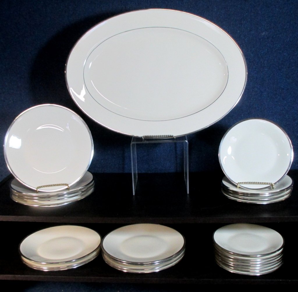 Bavarian Silver Trim China & Lenox Platter: Including 12 Bavarian dessert & 12 bread plates together w/Lenox Montclair 16" platter.