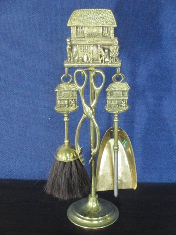 Brass Decorative Fireplace Set w/Stand: Includes: brush, shovel, poker and tongs, Peerage England, 18.75" tall.