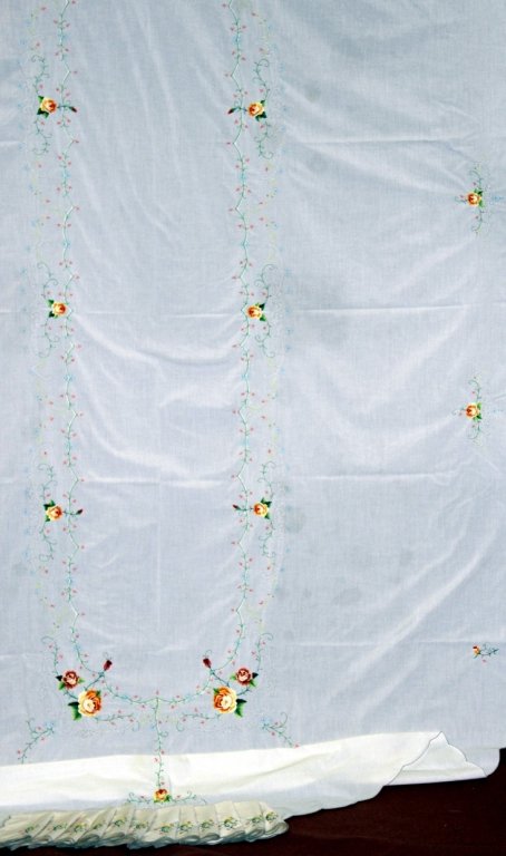 Embroidered Table Cloth w/12 Matching Napkins: Machine embroidered with yellow, red & peach colored roses, napkins embroidered with yellow rose buds, 116" long x 65" wide.