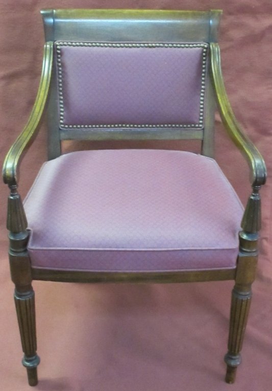 Vintage Arm Chair Marked Oxford Antique 42969: Channeled arm supports and legs, small shell vinyl upholstery, head to head tack trim, 34" center back height.