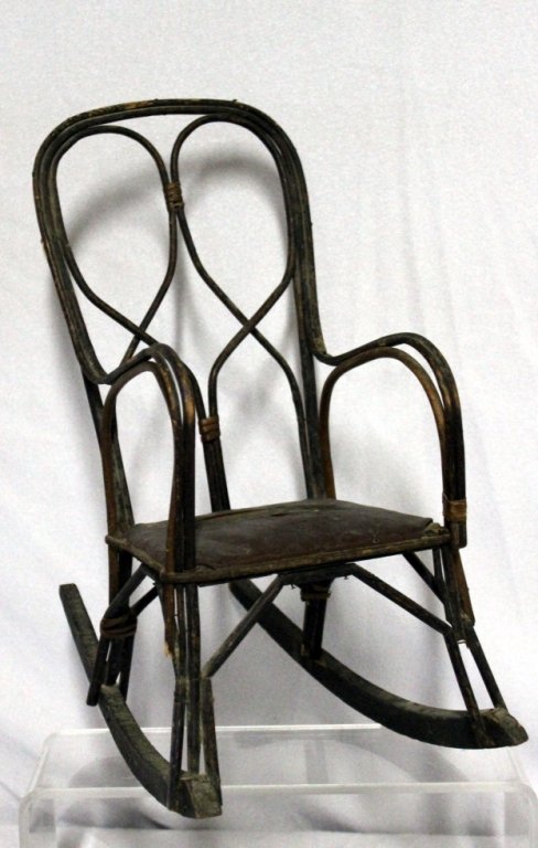 Antique Bent Wood Doll Rocker: Covered seat, expected wear, 15.25" center back height.