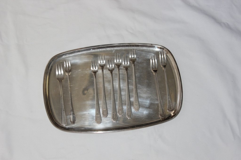 Silverplated Cocktail Forks w/Tray: 6 match, 2 match, 2 odd, 12.25" long tray.
