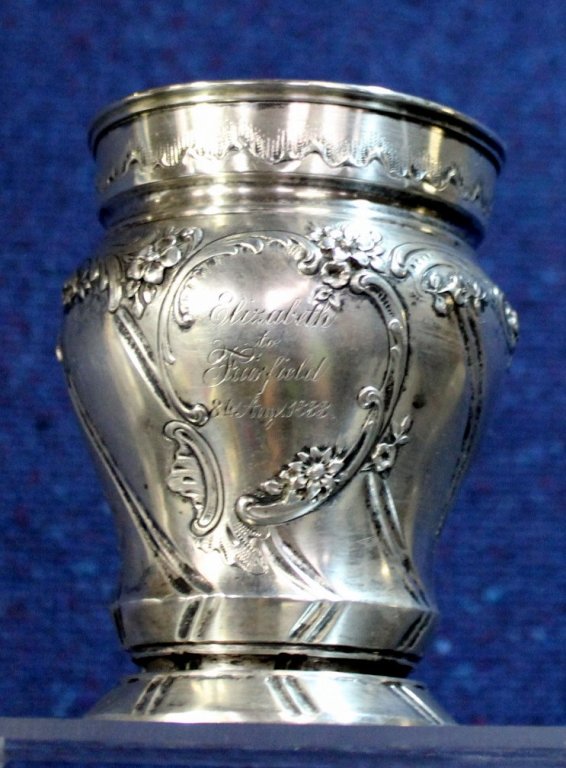 Sterling Presentation Vase: Elizabeth to Fairfield, August 8, 1888, marked 800, 4" tall, 4 troy.