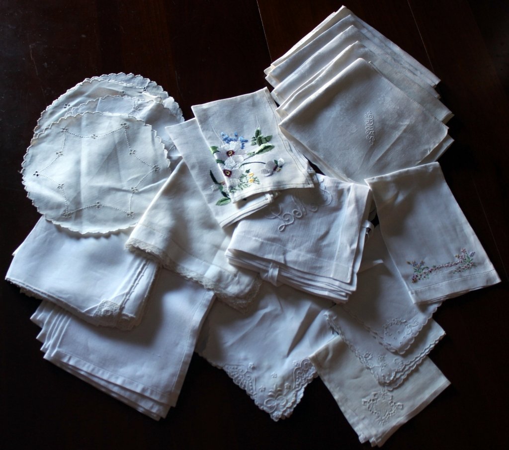 Large Lot Napkins, Doilies Plus: 3 doilies, varies designs & sizes on napkins.