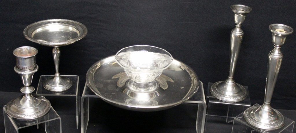 Sterling Candleholders & Compote Plus: Sterling includes: two 9" candleholders, one candleholder 5.75" tall and compote 5.75" tall; one 10" diameter plated tray w/etched glass bowl.