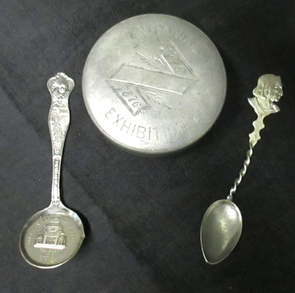 Circa 1900 Exposition & Fair Memorabilia: 1776-1876 Centennial collapsible cup, Pan American Exposition 1901 souvenir spoon & sterling 1893 Worlds Fair souvenir spoon.