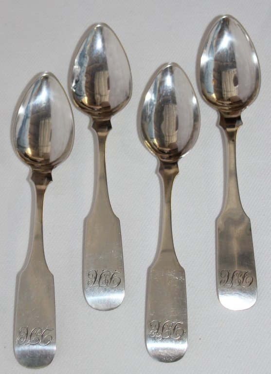 4 Coin Silver Teaspoons: Well marked monogrammed fiddle back spoons by Isaac Reed & Sons, 1830, Philadelphia, 5.78" long, 1.5 troy.