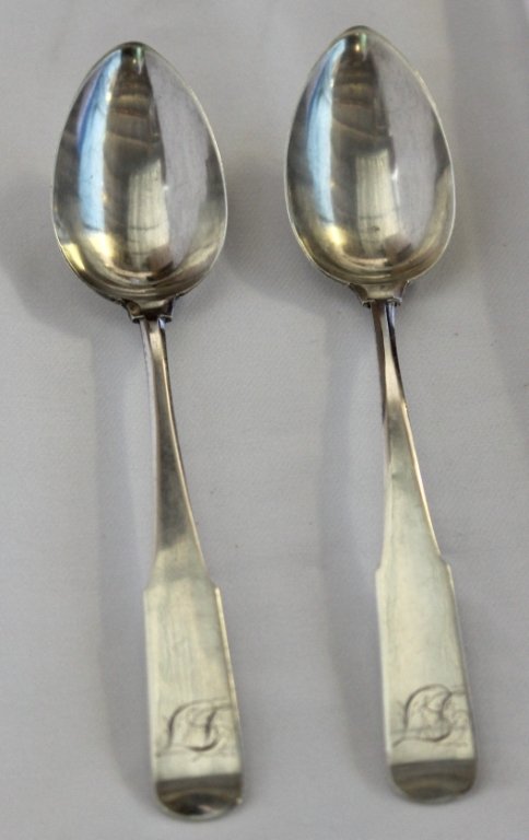 Coin Silver Serving Spoons by Joel Shoemaker: Pair Early American well marked monogrammed fiddle back spoons c.1800, Shoemaker known to have worked in Philadelphia & New York, 9.5" long x 1.75" across bowl, 3 troy.