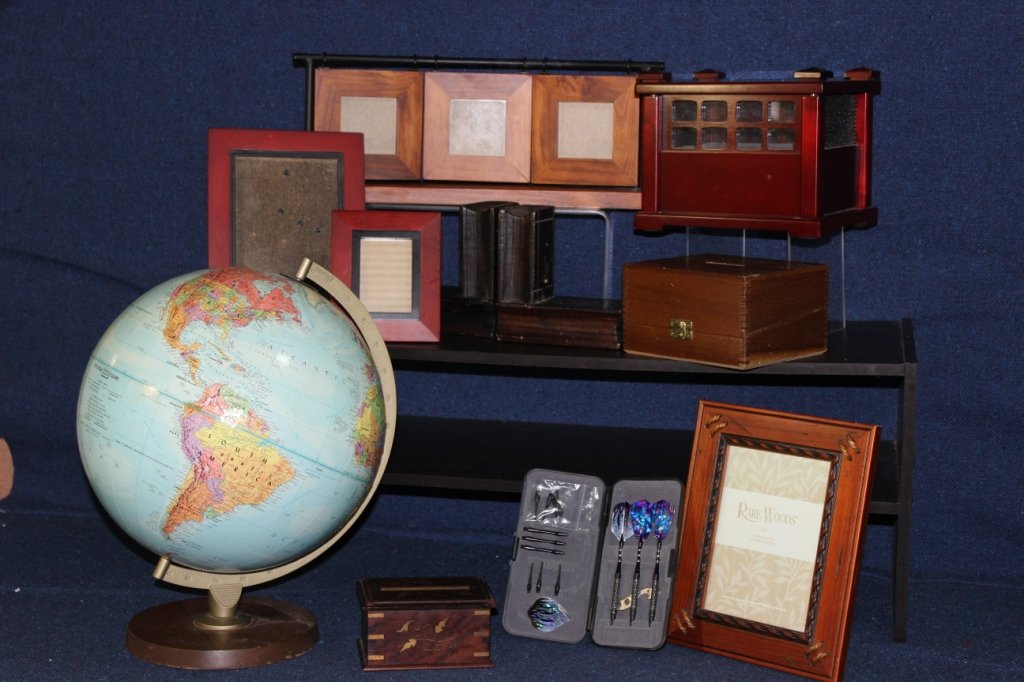 Mens Office Lot w/Empire Darts In Case: Globe 14.5" tall, 3 frames on curved stand 16.5" long, 3 frames varying sizes and darts w/extra tips, wooden bookends & boxes.