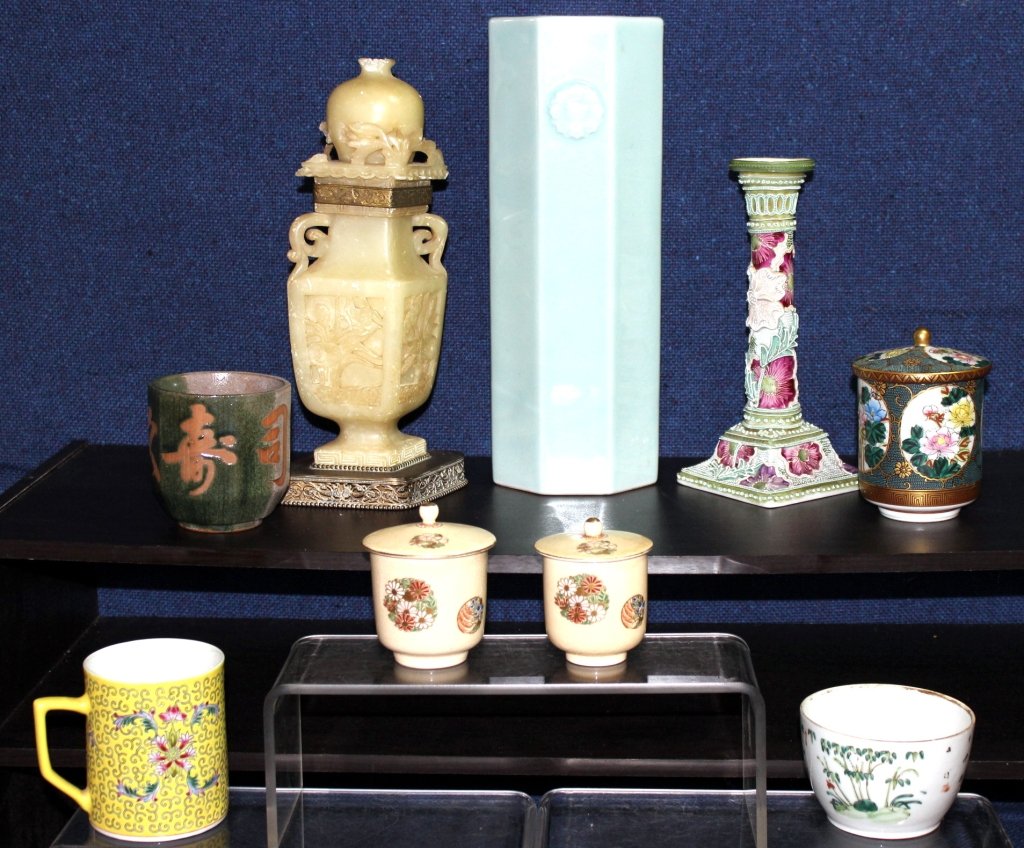 Oriental Decorative Lot: Decorative candlestick, two piece soapstone (appearing lamp) some damage, covered & open cups & tall ceramic vase.