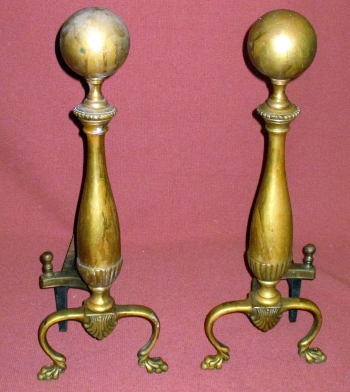 Large Vintage Brass Andirons: Large Ball finials, animal paw feet, 22.75" tall x 17.5" wide.