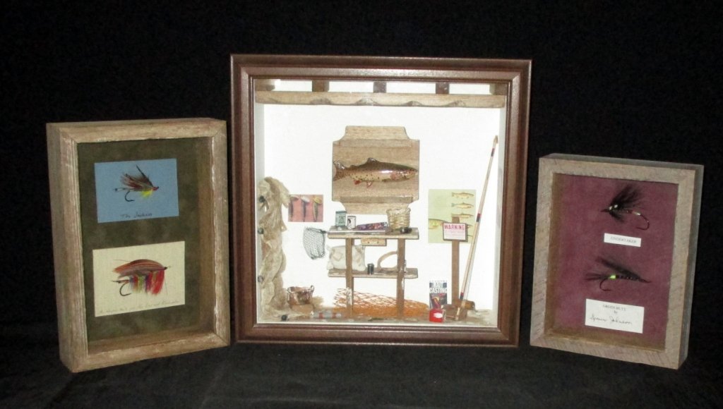 Decorative Fishing Shadow Boxes: Framed lures including: The Undertaker & The Green Butt by Spenser Nelson 8.5" tall x 6.5" wide and The Jackass & Mr. Haynes No. 1 for the Lee & Blackwater, 9.75" tall x 7" wide together w/12.5" squar