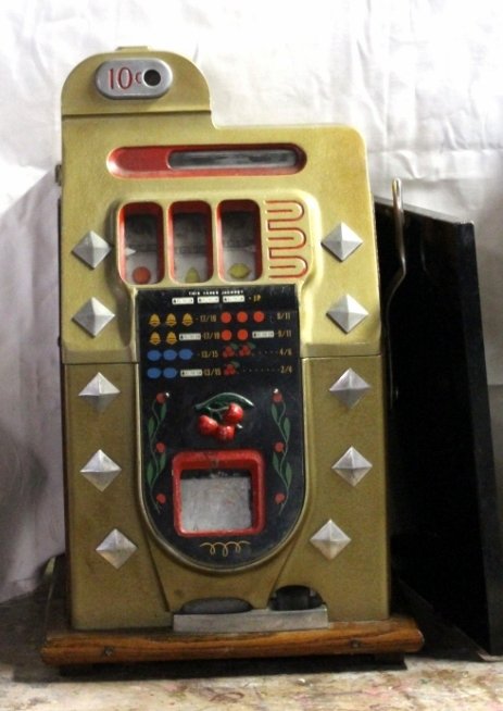 Cherries Slot Machine: 10 cent, gold, approx., Mills Novelty Co., approx. 26" tall. Working.