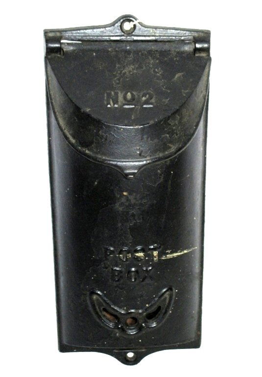 Griswald #2 Post Box: Cast iron, 5" wide x 12.25 tall. Some paint flaking on tin back.