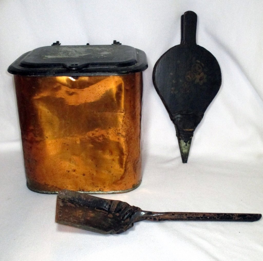 Antique Coal Hod & Bellows: Copper and cast iron w/shovel, 14" x 12.25" x 14.5" tall together w/ 18" long paint decorated bellows. Expected wear, dents in hod & some leather loss on bellows.
