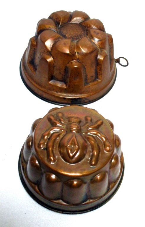 2 Antique Copper Molds: 6.75" diameter w/spider mold top and 8" diameter Gothic geometric mold.