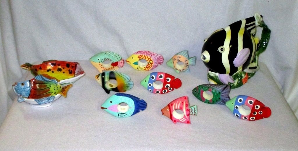 Whimsical Fish Ceramics & Napkin Rings: 7.5" tall ceramic fish pitcher, 8" wide Italian ceramic Vietri double fish dish and 9 handpainted wooden napkin rings.