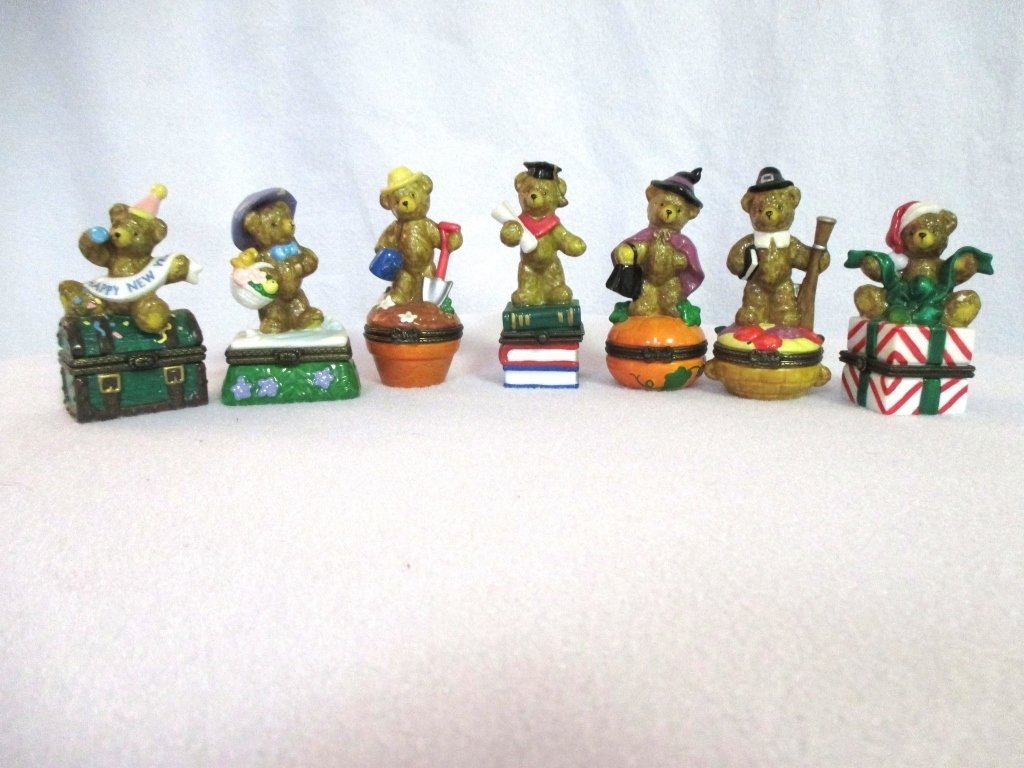 7 Decorative Boxes w/Bears: Months represented seen when opened, approximately 3.25" tall.
