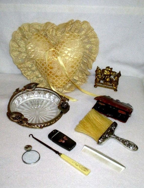 Vintage Ladies Lot w/Sterling: Inc. sterling handles on clothes brush & comb, 6" cut glass dish w/removable metal decorative rim, button hook, magnifying glass, lighter, decorative holder, Turtle opera glasses (leather damaged) & m