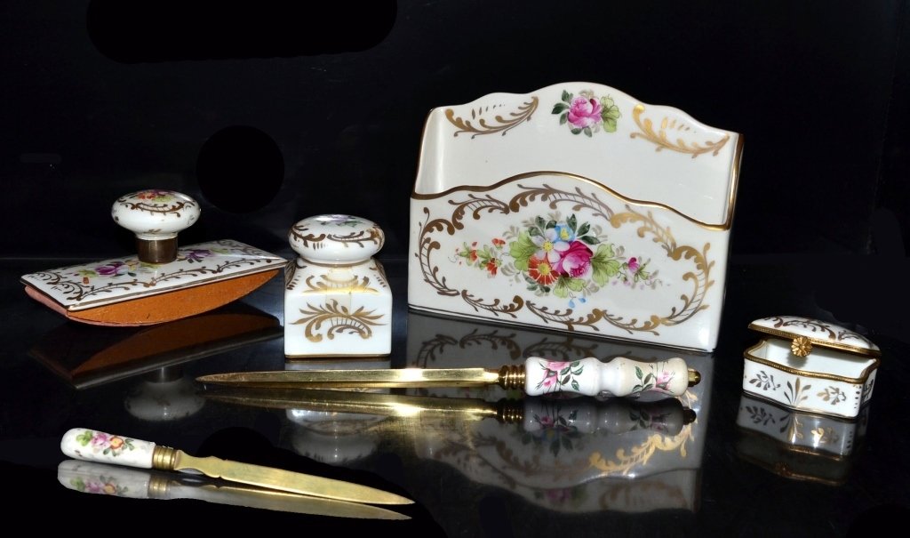 French Handpainted Ladies Desk Set: Inc. 5.25" tall mail holder, ink well w/liner, stamp box, blotter and 2 letter openers.