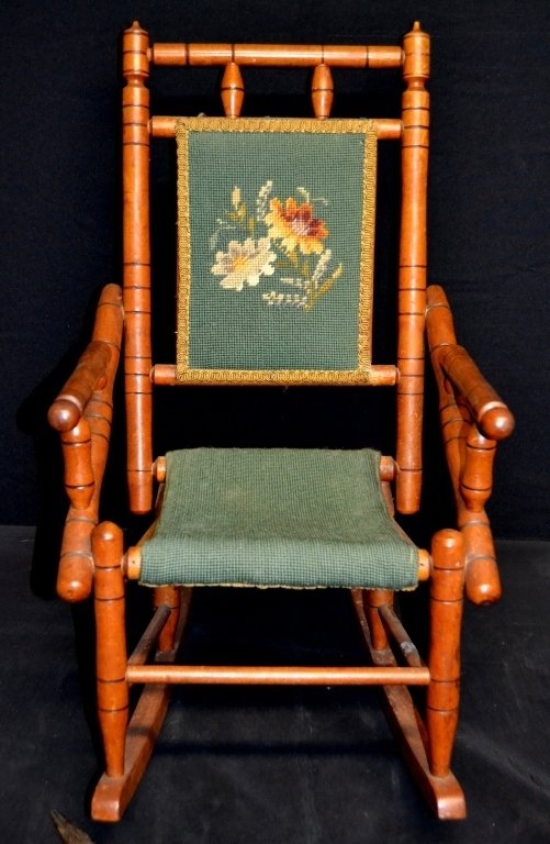 Child's Turned Rocker w/Needlepoint Back & Seat: 24.5" center back height.