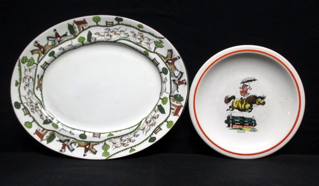 Ceramic Dinnerware w/Horse Scenes: 13.24" long Staffordshire platter and 8.75" diameter whimsical plate (some wear).