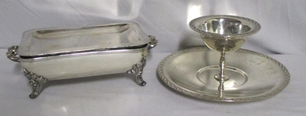 Silverplate Hollowware: Compote tidbit 4.75" tall x 12.25" diameter and casserole w/warming tray 13.75" x 8.25" x 4" tall.