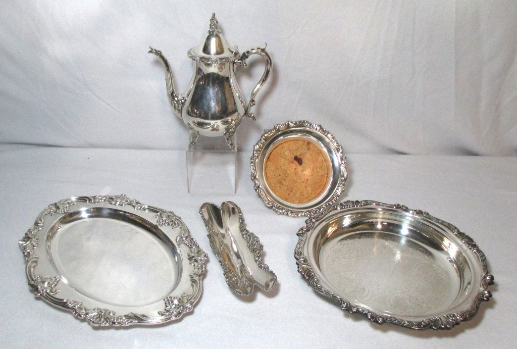 Silverplated Holloware: 15.5" platter, teapot, wine coaster, deep dish and relish.