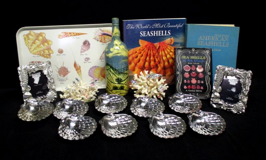 Coral Plus Artwork & More: Tray 17.25" long, 2 coral pieces with glass faceted fish (tail off one), painted seaside bottle by Swinford, 10 metal shells, 2 sealife frames (3.5" x 5" tagged $34.90 ea.) & 3 shell books.