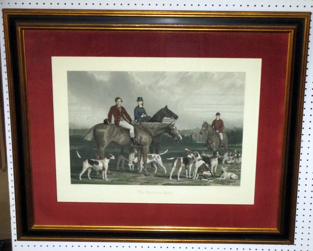 Hand Colored Engraving The Heythorp Hunt: After Painted by Stephen Pearce, Engraved by James Scott, Published by John O'Malley & Son, 19th century, sight 22.5" x 30" wide, framed under glass 36.25" x 43.5" wide.