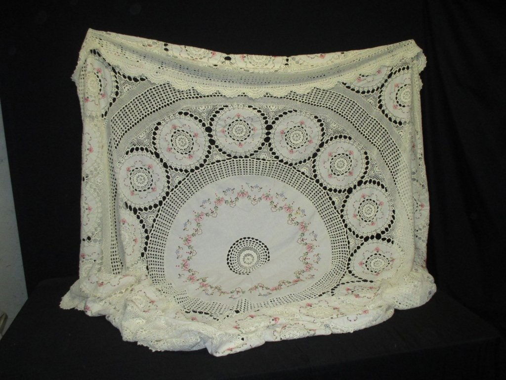 Round Crocheted & Embroidered Tablecloth: 84" diameter.
