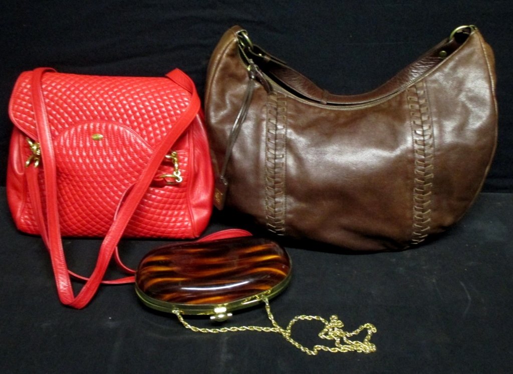 Vintage Ladies Hand Bags: Shoulder bags: Red Bally, Ralph Lauren brown leather and hard plastic.