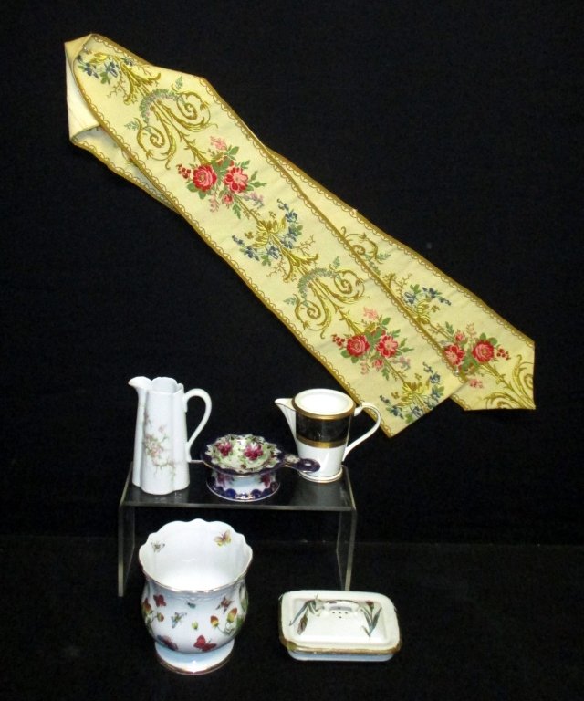 55" long Embroidered Bell Pull & Ceramics: 5" tall butterfly cache pot, enamel covered dish w/liner, Haviland Limoges tall pitcher, porcelain tea strainer and Noritake Opulence creamer.