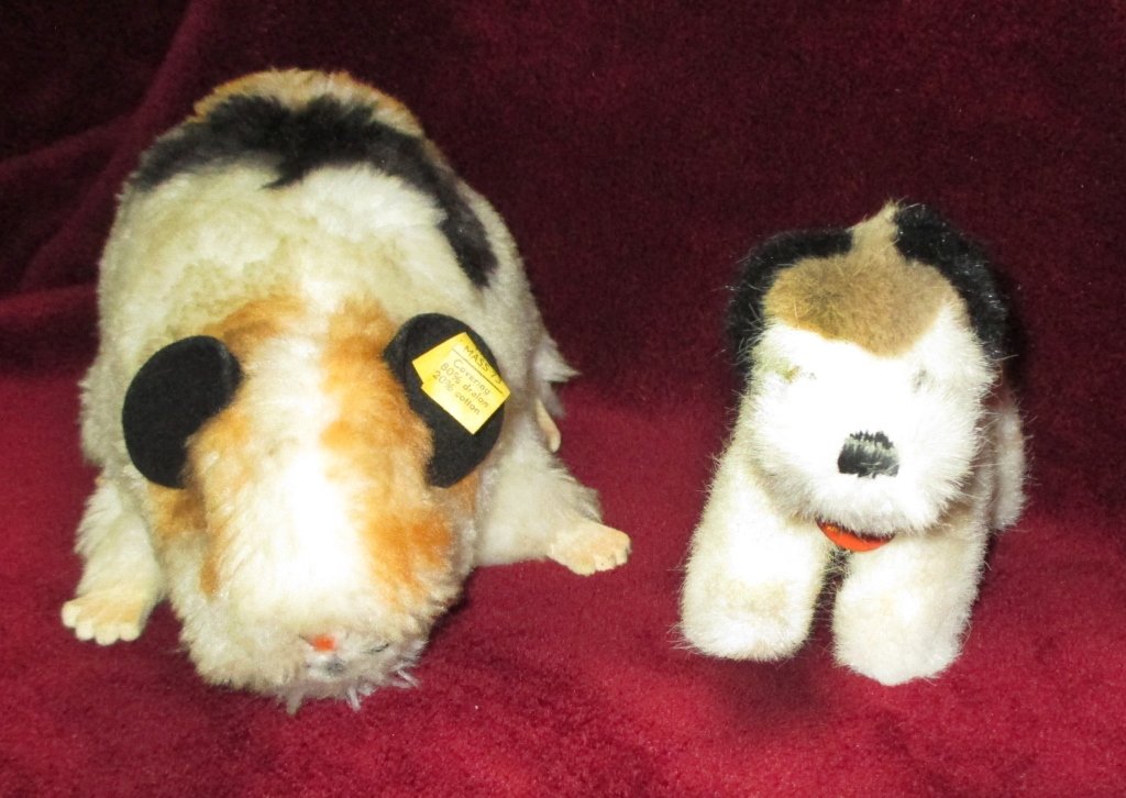 Steiff Swinny Guinea Pig & Foxy Dog: 5" dog and 8" pig, both w/paper tag and button in ear.