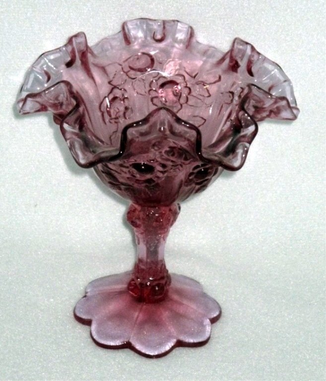 Fenton Pink Ruffled Edge Compote: 6.25" tall.
