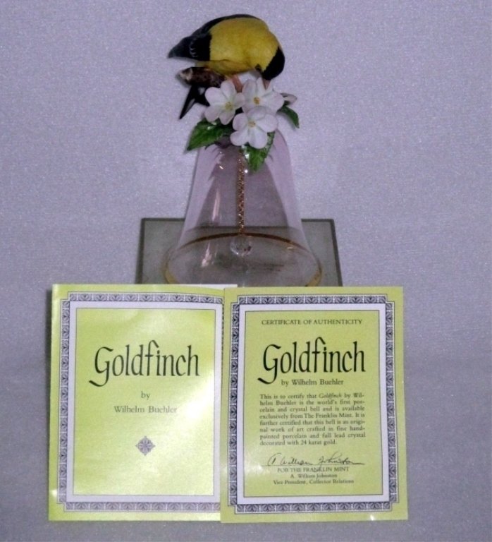 Franklin Mint Crystal/Porcelain Goldfinch Bell: 5.25" tall, designed by Wilhelm Buehler w/Certificate of Authenticity.