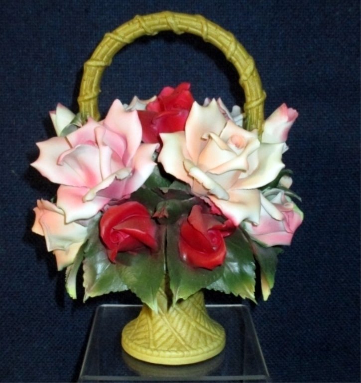 Franklin Mint Capodimonte Rose Basket: A lover's bouquet approx. 9" tall, Italian.