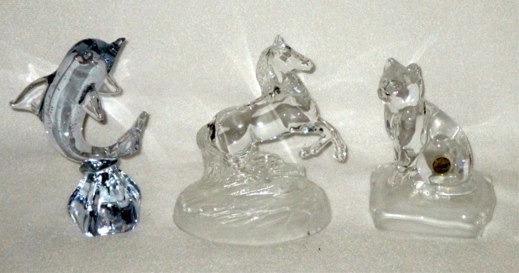 French Crystal Cat, Horse & Dolphin Glass Figures: 5" tall cat tagged Cristal d'Arques, 6" tall horse & dolphin.