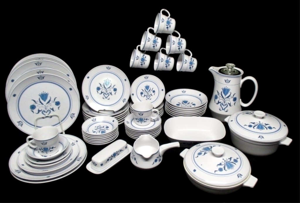 Noritake Progression Japanese Blue Haven China: 65 pieces inc. 8 dinner plates, 8 salad plates, 8 bread & butters, 8 fruits, 8 cups & saucers, 7 soups, covered butter, gravy, open vegetable, coffeepot w/lid, approx. 10.5" x 6" deep & 11" covered ca