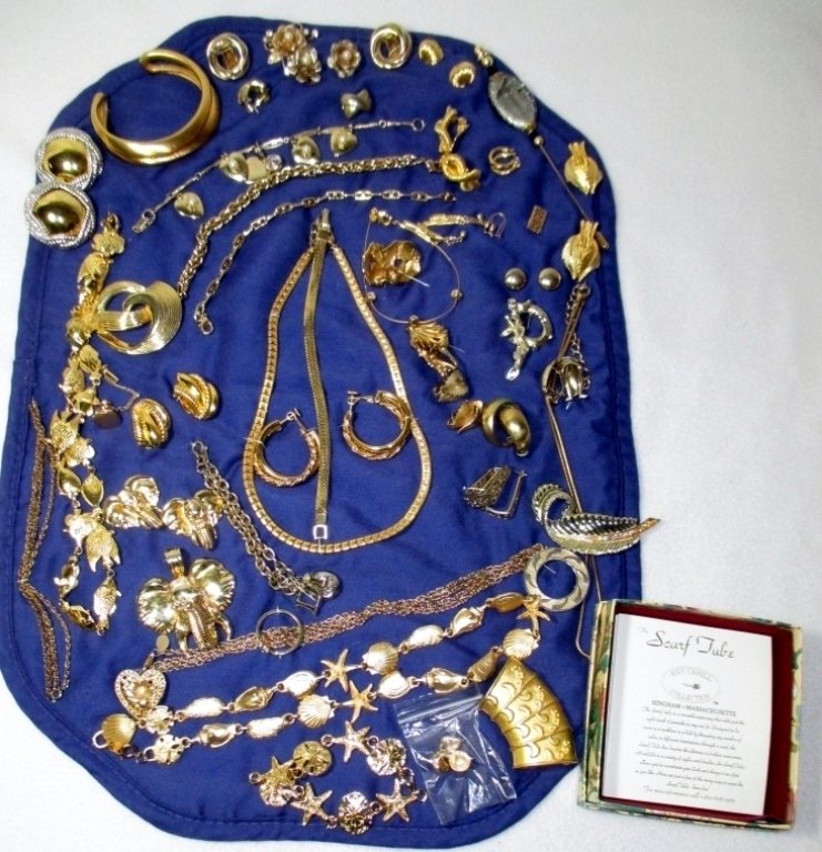 Vintage Gold Costume Jewelry: Necklaces, bracelets, earrings, pins, stick pin, scarf tube, elephant pendant & earrings and pearl & rhinestone pin and earrings. Includes Napier, Monet, Coro, Giovanni.